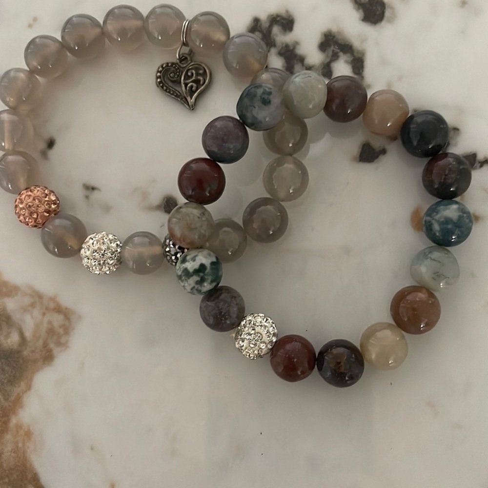 Beaded neutral tones quartz stone bracelets with rhinestone details.